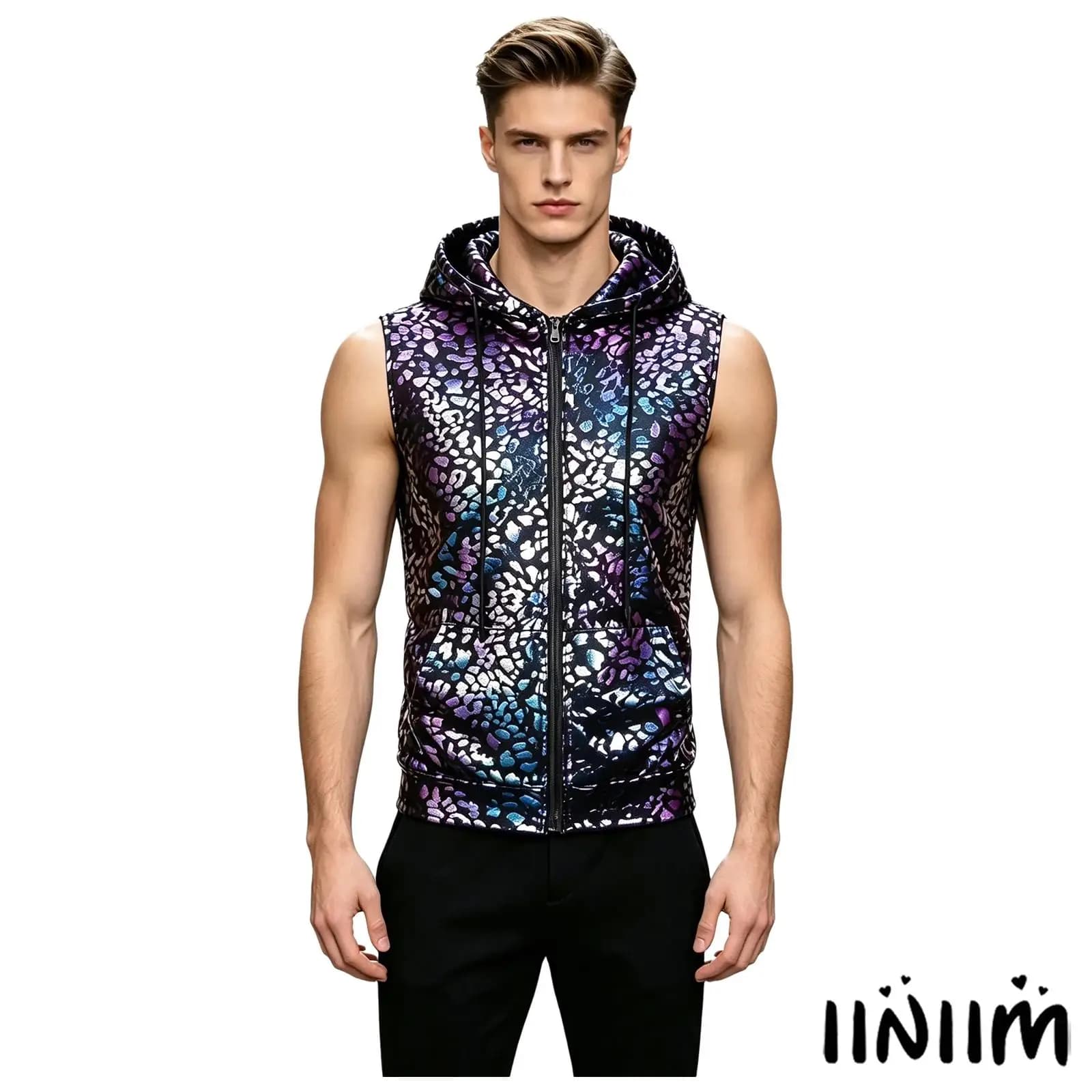 Men Women Hoodie Metallic Leopard Sleeveless Zipper Vest for Casual Daily Rave Disco Hip Hop Party Music Festival Streetwear