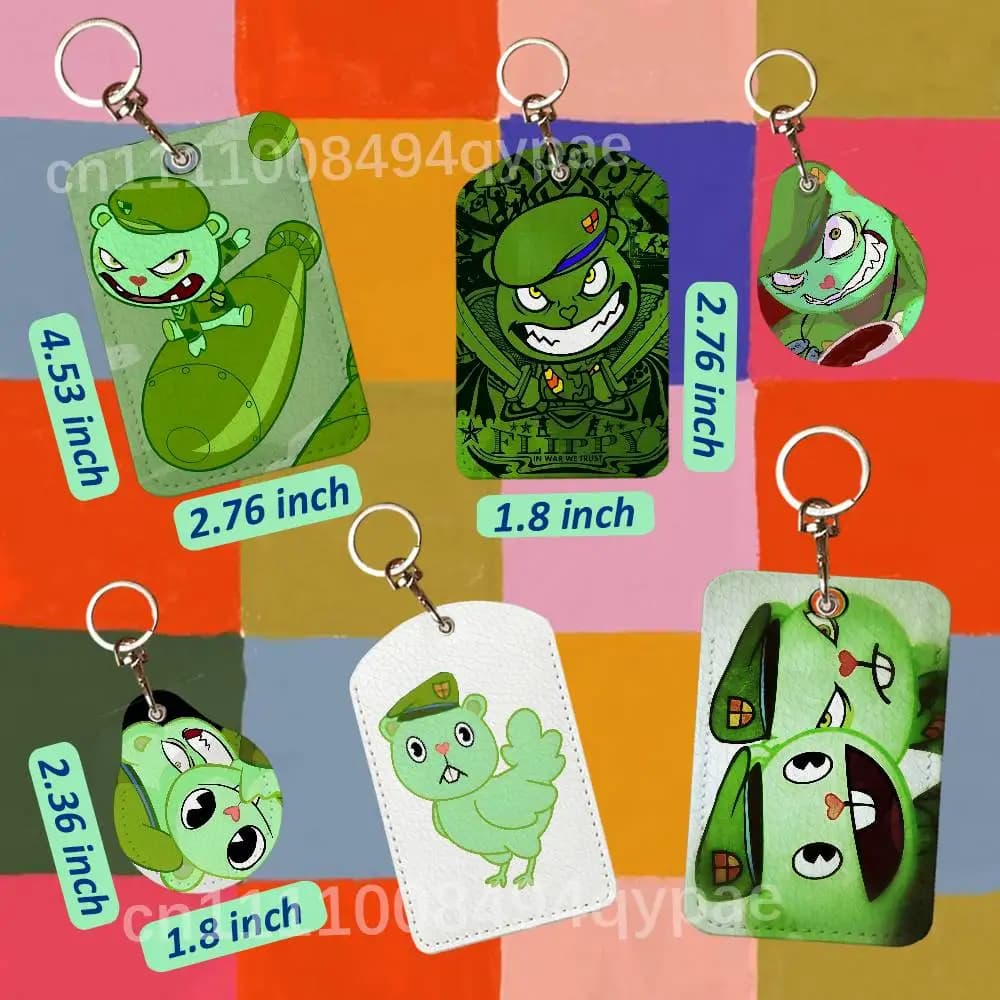 F-Fliqpy HTF Happy Tree Friend 1PCS Leather Card Holder Keychain Door Lock Access Tags ID Card Case Access Card Bag Key Tag Ring