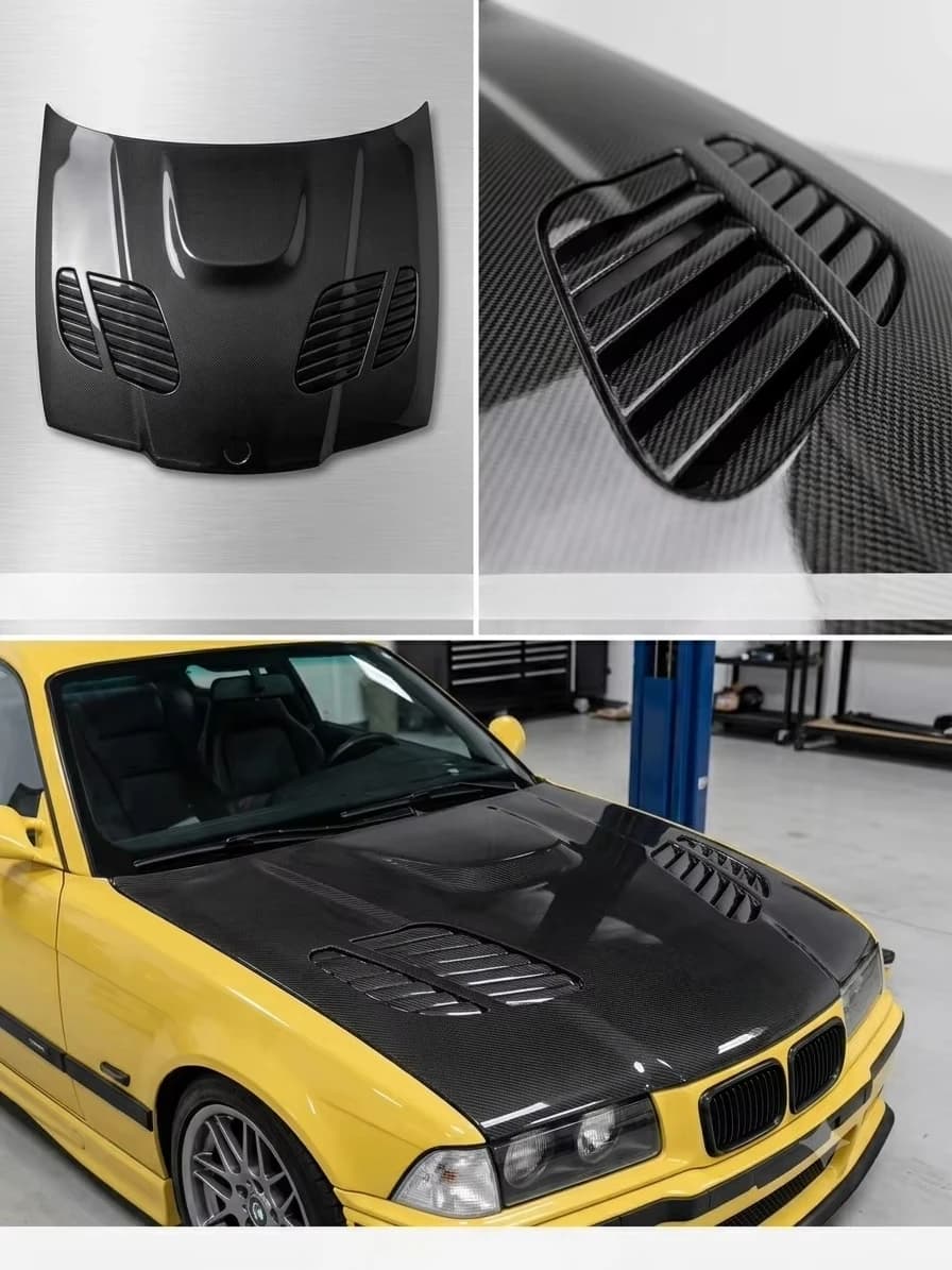 GTR Style Real Carbon Fiber Engine Hood Bonnet with Bolts for BMW M3 E36 4 Door 1992-2000 Engine Hood Cover Replacement Body Kit
