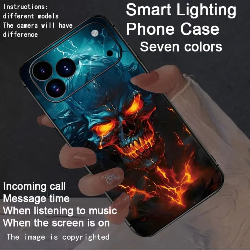 Thunder Flame Skull Luminous Phone Case For iPhone 17 Pro Max 16 15 14 Plus 13 12 11 Sound Activated Glowing LED Phone COver