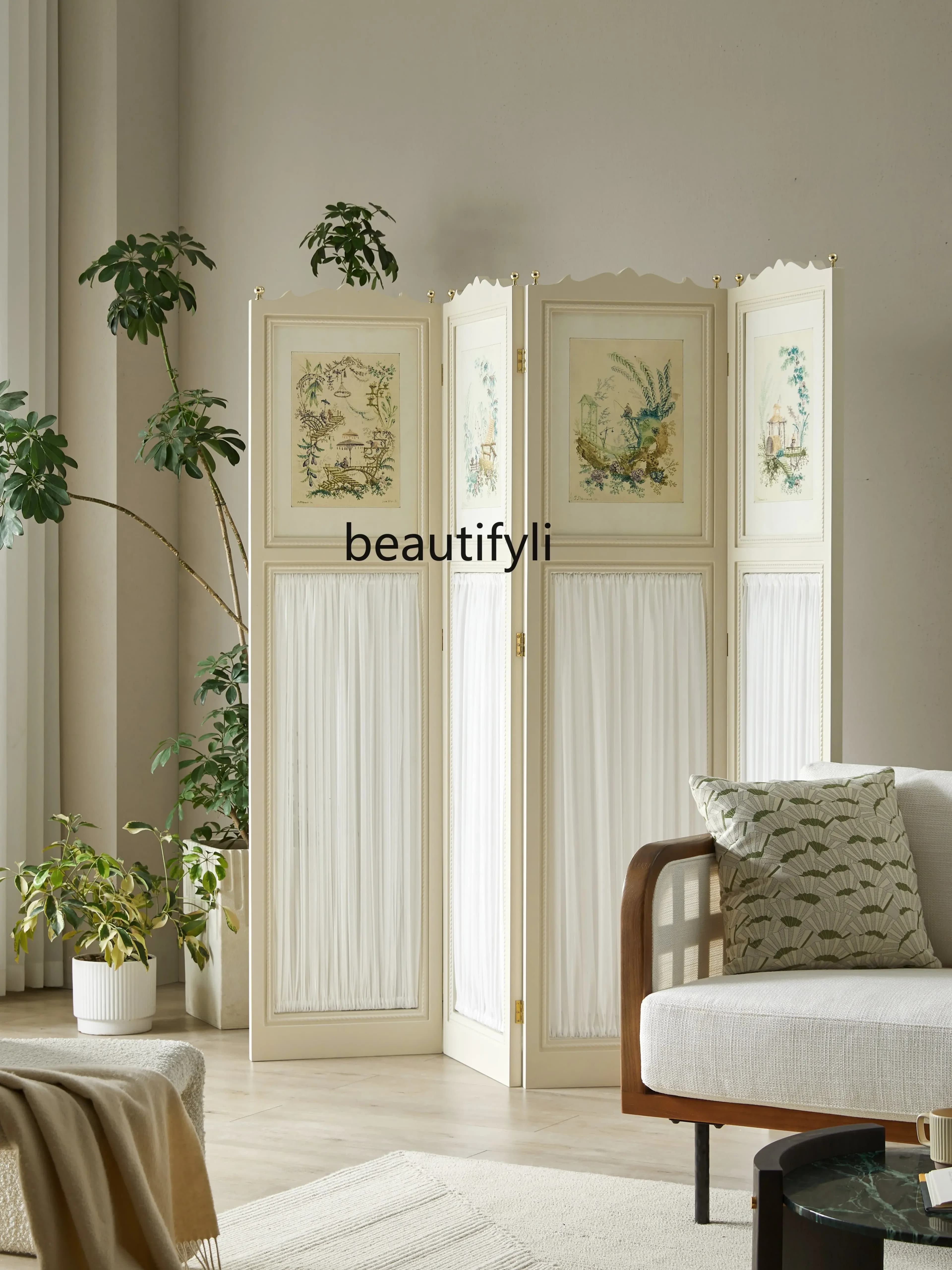 Modern Light Luxury Simple Screen Carambola Cat Design Folding Home Retro Solid Wood White Transparent European Art