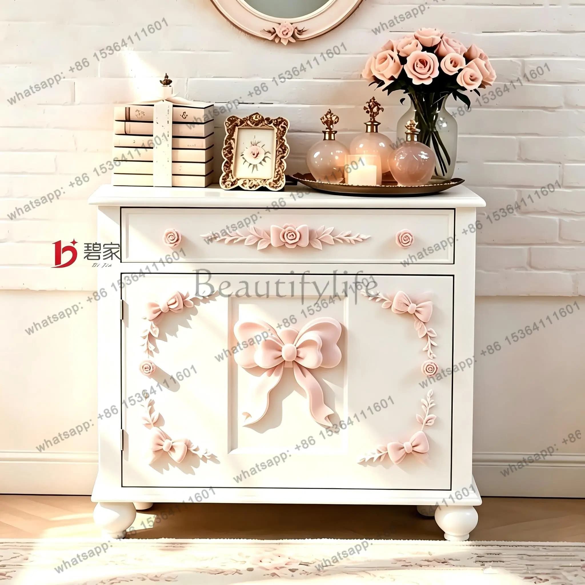 PG French retro bow engraved bedside table pink storage princess wind bedside table