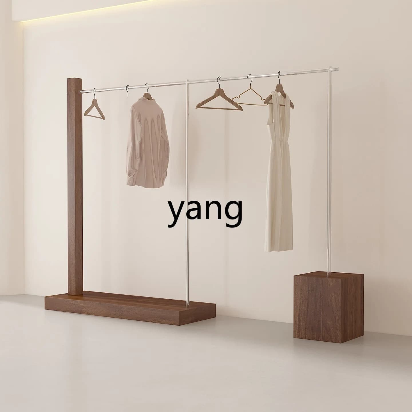LMM women's clothing store stainless steel with walnut display shelves floor-to-ceiling hangers