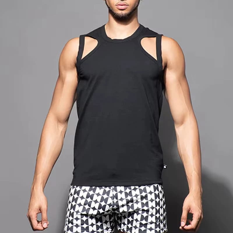 Hollow Out Solid Color Elastic  Top Street Sportswear American Tank Top Men's Sleeveless T-shirt