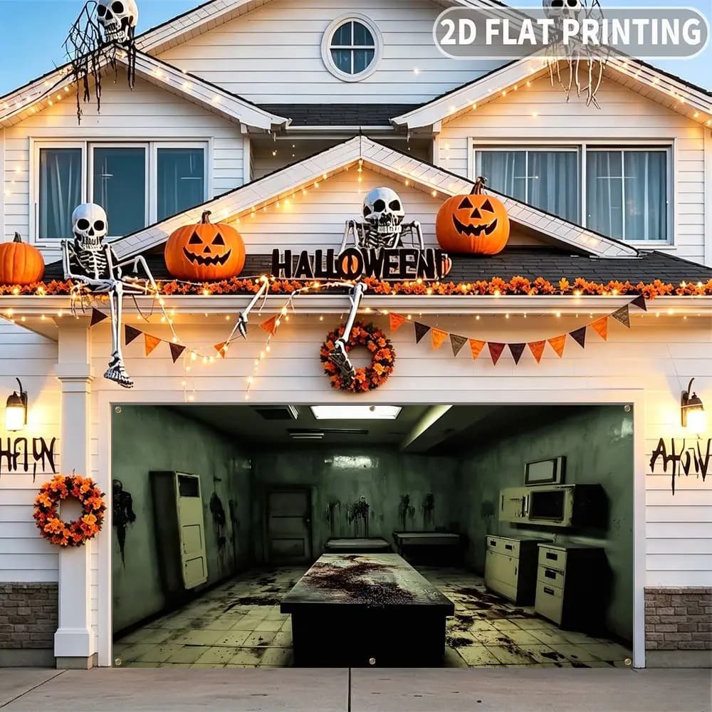 1pc 2D FLAT Halloween Party Garage Banner, Bloody Table In Dark Room Pattern, No Power Need, for Garage Door Decor
