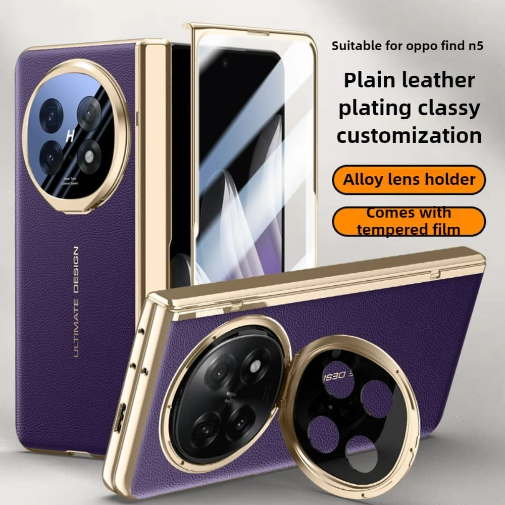 For OPPO Find N5 Case Luxury Electroplated Matte Leather Folding Hinge with Tempered Film Lens Bracket Protection Case Accessory