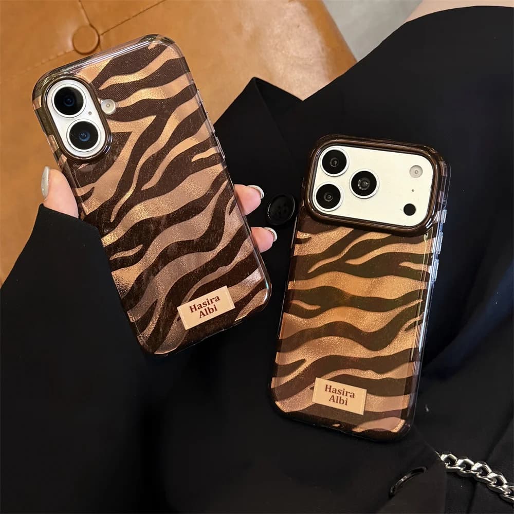 Vintage Brown Zebra Stripe Phone Case For iPhone 15 16 17 18 Pro Max Luxury Metallic Animal Shockproof Protective Phone Cover