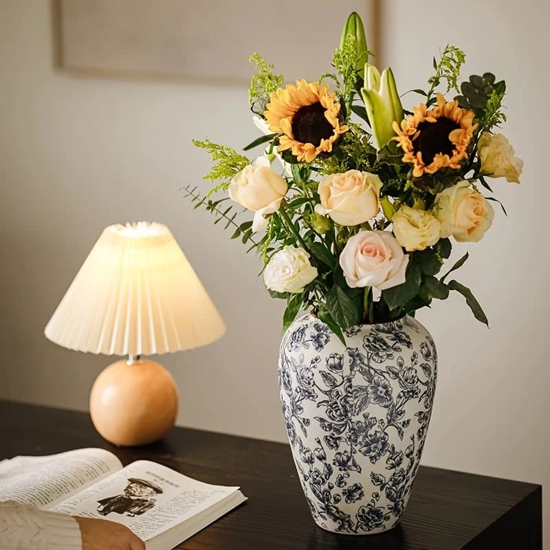 Florero de cerámica hecho a mano vintage, florero cilíndrico blanco azul chino tradicional, hogar exquisito, decoración de mesa