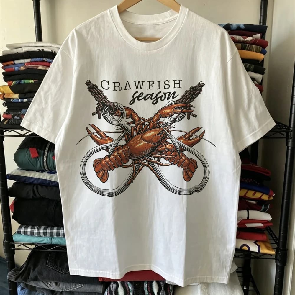 Crawfish Season Rope Graphic White T-shirt Men Casual Streetwear. Lobster Seafood Print Short Sleeve Tee Aesthetic Fashion Top