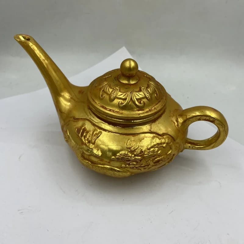 Antique Craft Vintage Gold-Plated Bat Fu Lu Long Mouth Teapot Home Copperware Craft Ornament