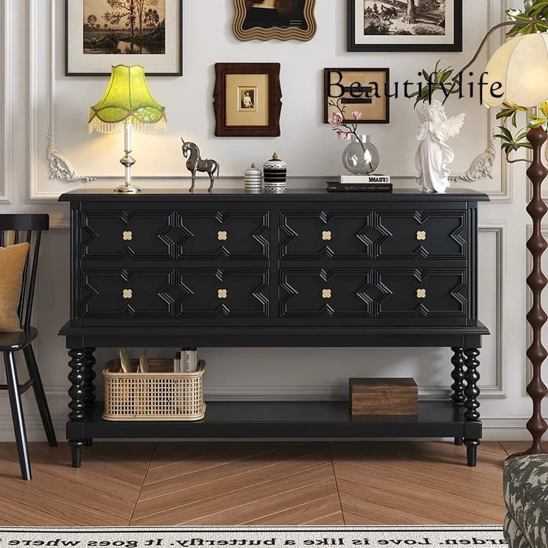 French black solid wood porch cabinet retro living room aisle antique style entry bucket cabinet feng shui American partition ca