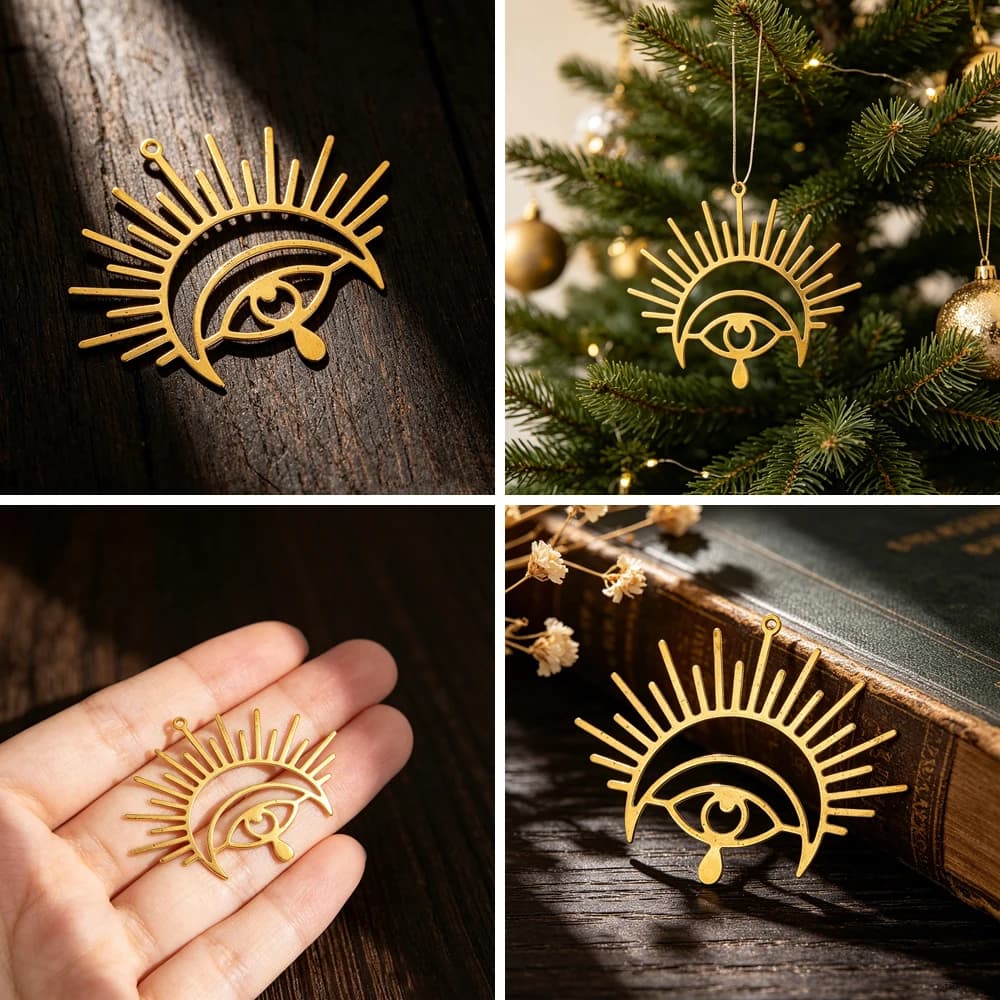 Mystical Brass Evil Eye Charm Pendant with Sunburst & Teardrop Design for DIY Jewelry Making Suncatcher Home Decor Gift