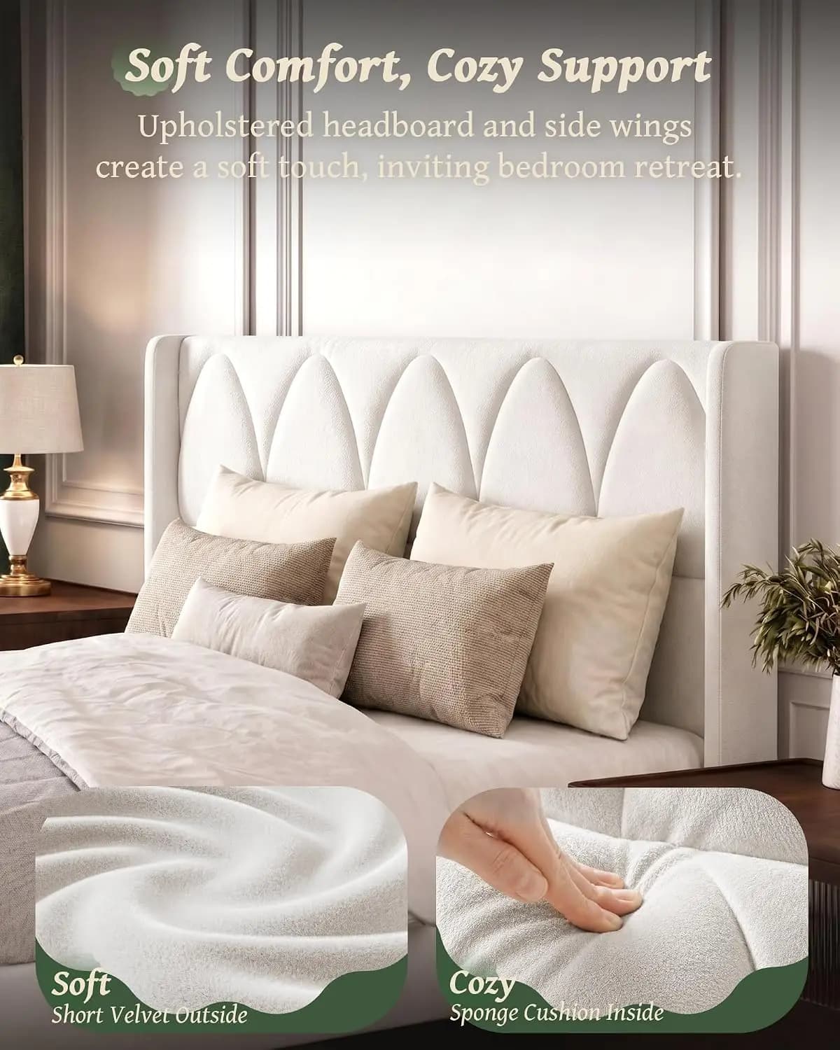 Queen Size Bed Frame Velvet Upholstered Headboard Platform Bed