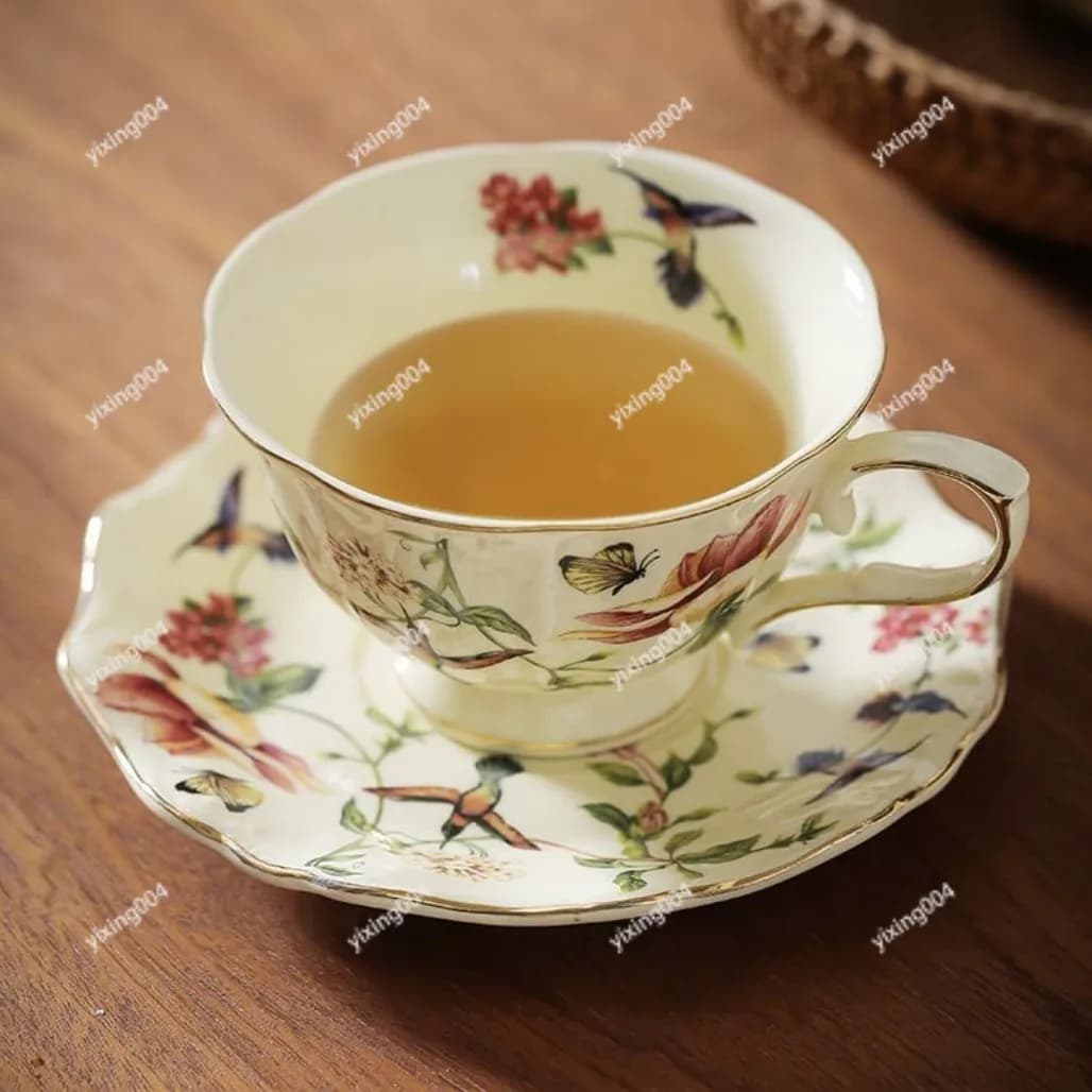Exquisite Ceramic Cup Saucer, Floral Bird Pattern Golden Rim Coffee Afternoon Tea Set