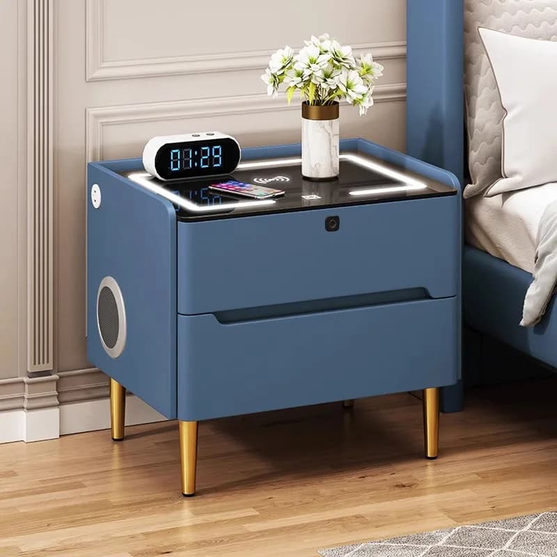 Modern Smart Wooden Nightstand 2 Drawers Multi-function Wireless Charging Bedside Table for Bedroom Solid Wood Construction LED