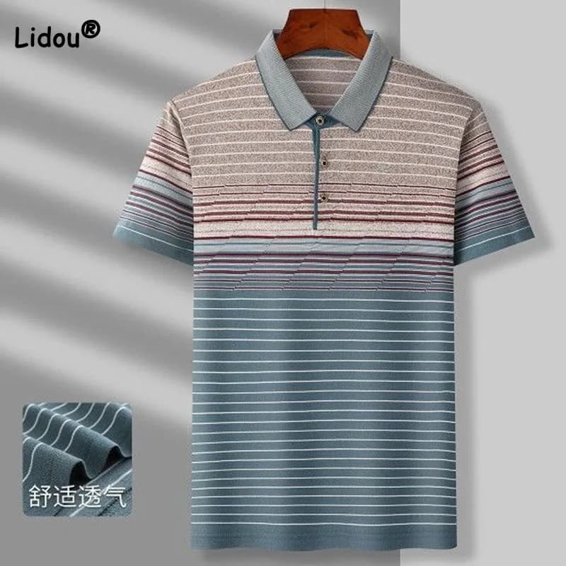 Business Casual Striped Printed Polo Shirt for Men Summer Quick Dry Breathable Fashion All-match Patchwork Shirt Male Clothes