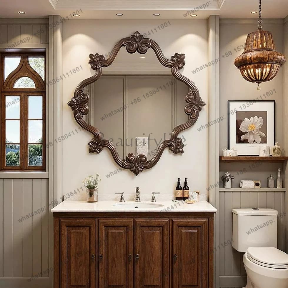 American retro bathroom mirror French engraved bedroom makeup dressing mirror antique