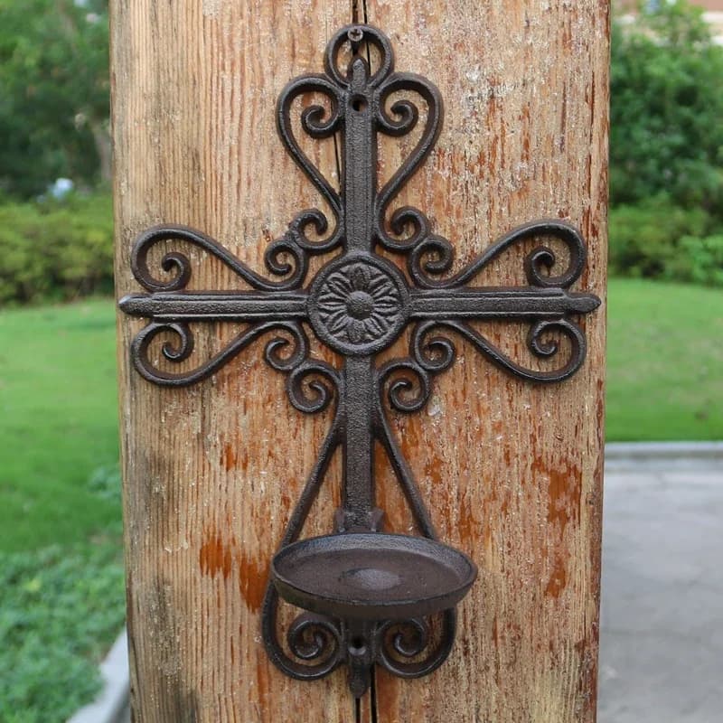 Cast Iron Wall Mounted Sconce Tealight Pillar Candlesticks Holder Vintage Simple Style Hollow Cross Handmade Art Indoor Outdoor