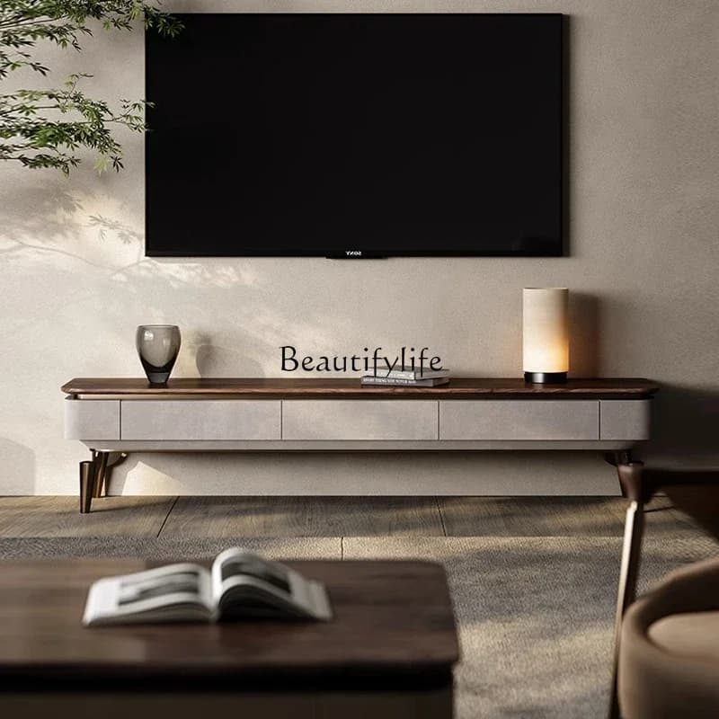 02 Light luxury North American black walnut TV cabinet high-end large flat-floor villa minimalist Italian living room floor cabi