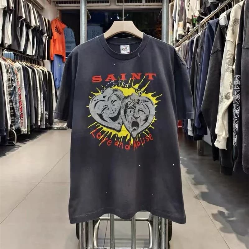 High Street Vintage Washed Black Saint T-Shirt High Quality Men's Women's Hip-Hop Cotton Crack Pattern Printed Top T Shirt