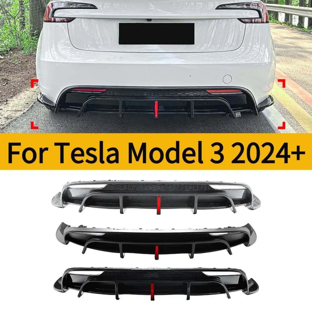For 2024+ Tesla Model 3 Rear Bumper Diffuser Protector with Lights Spoiler Lip Side Splitters - Decoration Modified Accessories