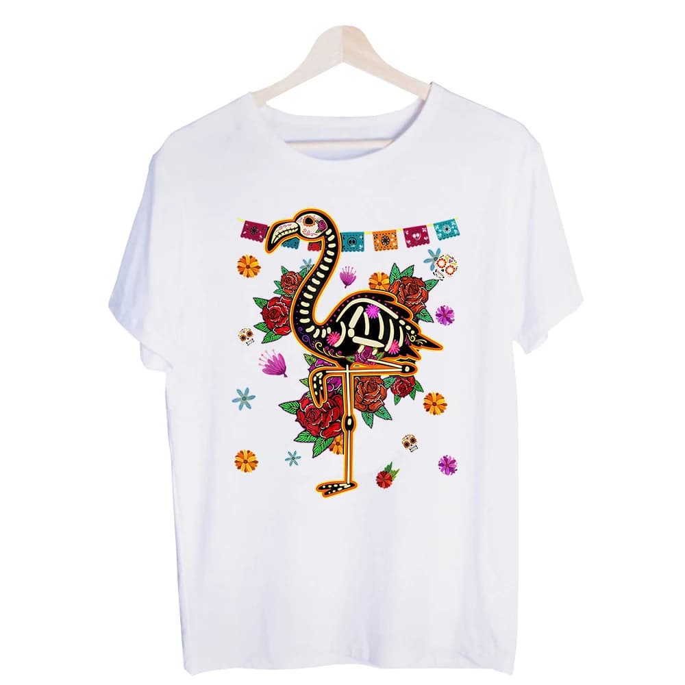 Men's Skeleton Flamingo Graphic Tee, Short Sleeve Crew Neck T-Shirt for Day of the Dead Celebrations and Casual Summer Outfits