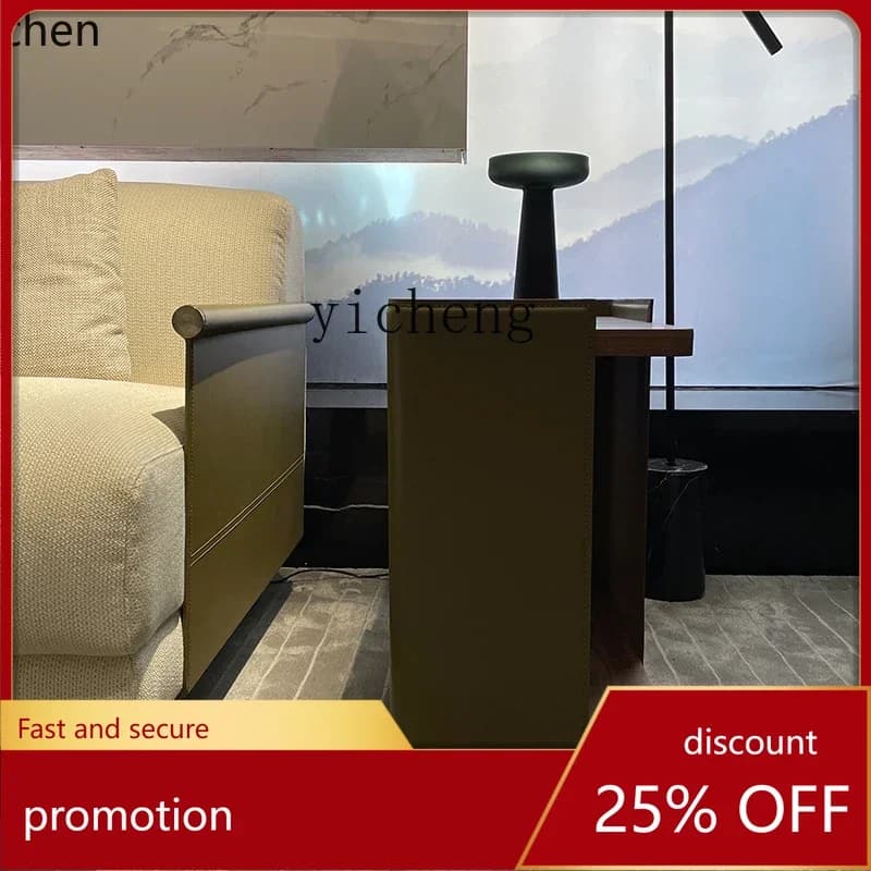 HXL Minimalist Sofa Side Table Saddle Leather Double-Layer Light Luxury Walnut Storage Rack