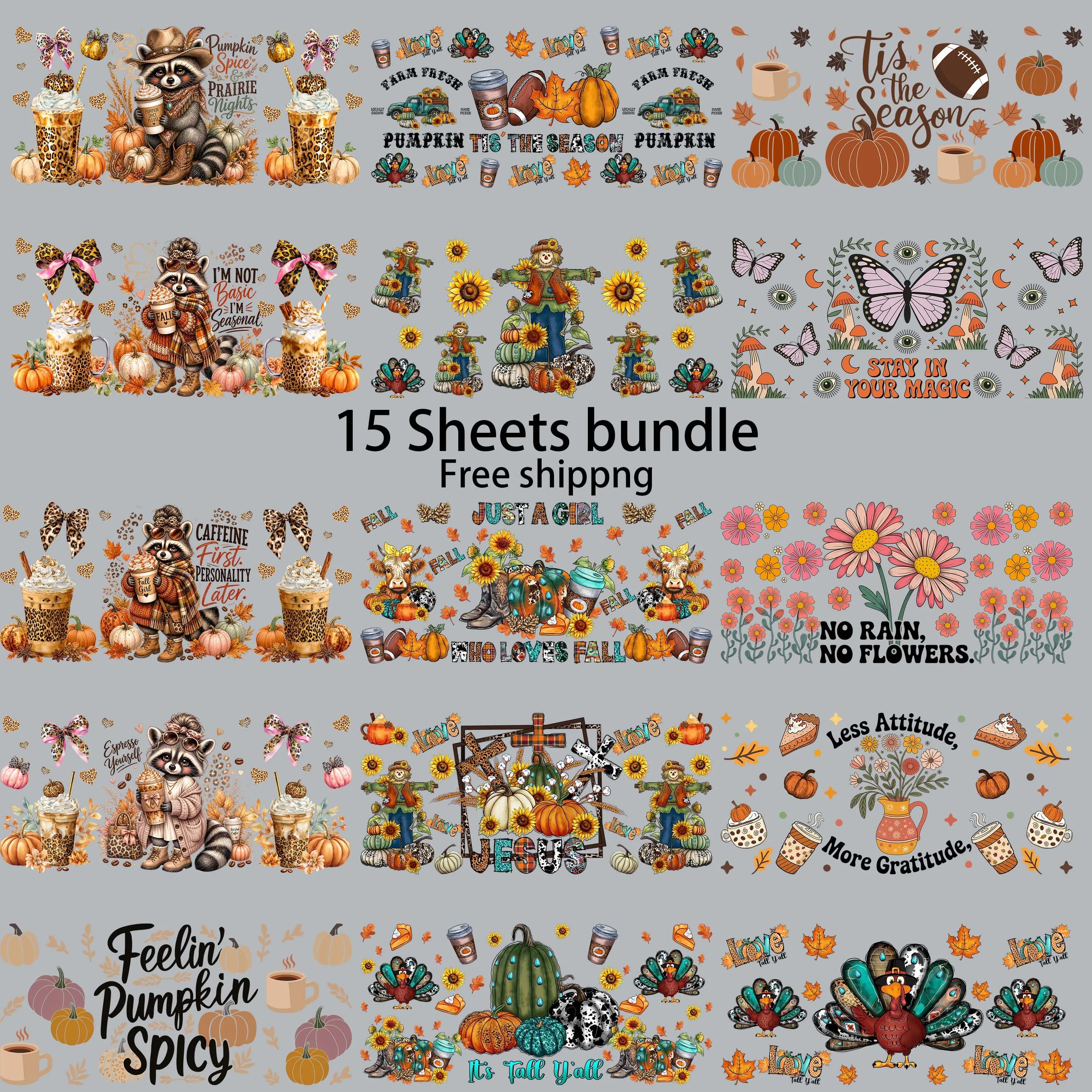 15pcs Autumn Pumpkin Cozy 16oz UV DTF Sticker Waterproof Party DIY Decals 3D transfers uvdtf tumbler stickers uv dtf cup wrap