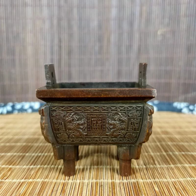 Antique Bronze Double Dragon Ornament, Study Room Tea Ceremony Decorative Item, Square Footed Incense Burner for