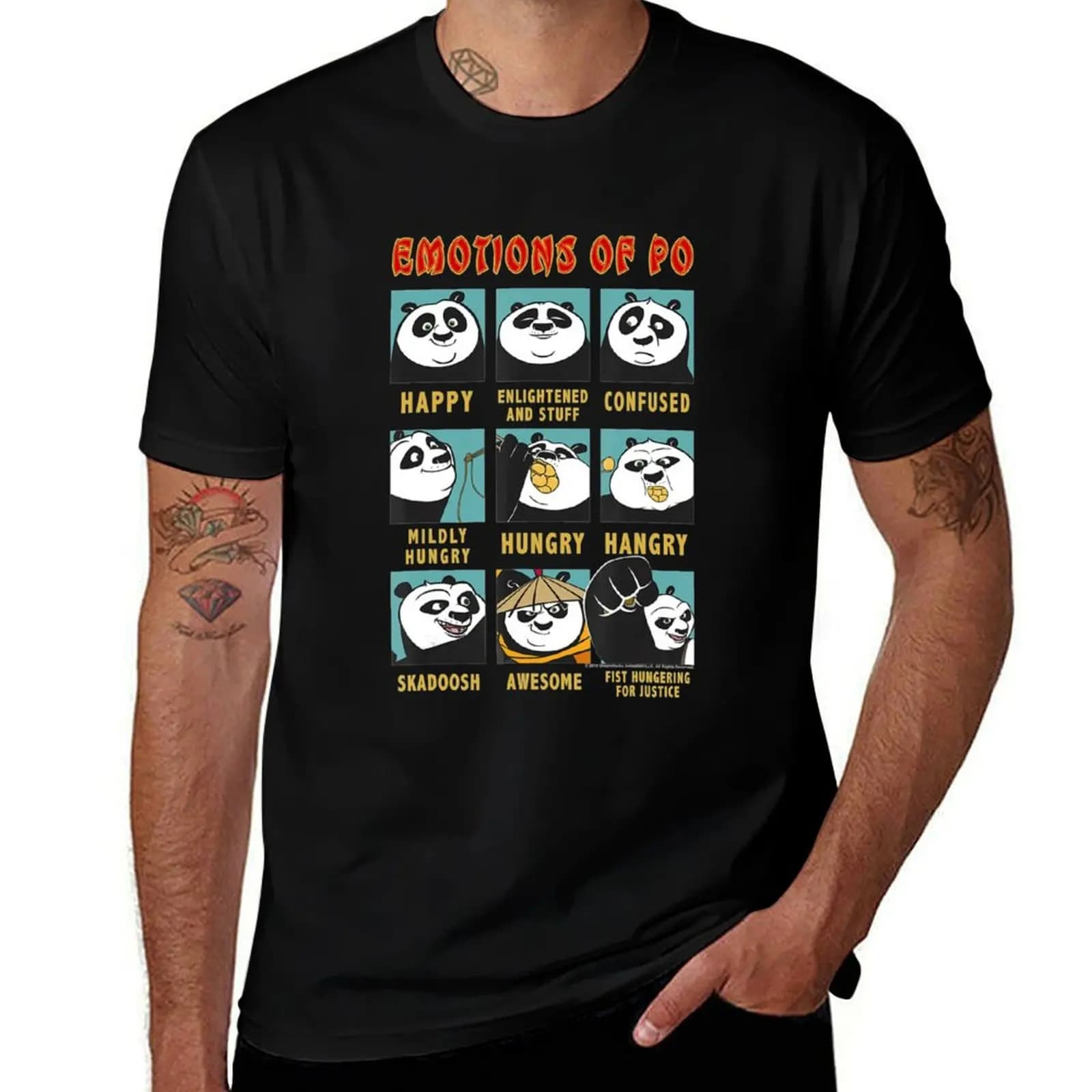Kung Fu Bear Emotions Of Po Portrait Grid T-Shirt Basic Solid Tee for Daily Use T-Shirt