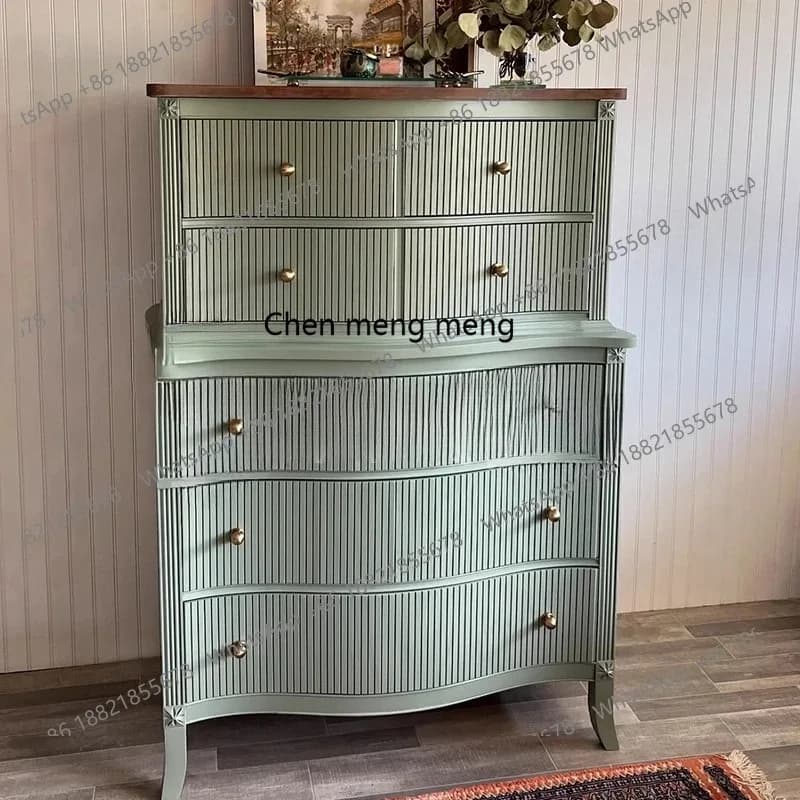 E182 French Retro Solid Wood Chest of Drawers for Small Apartments, Color-Block Storage, American Style Home Living Room