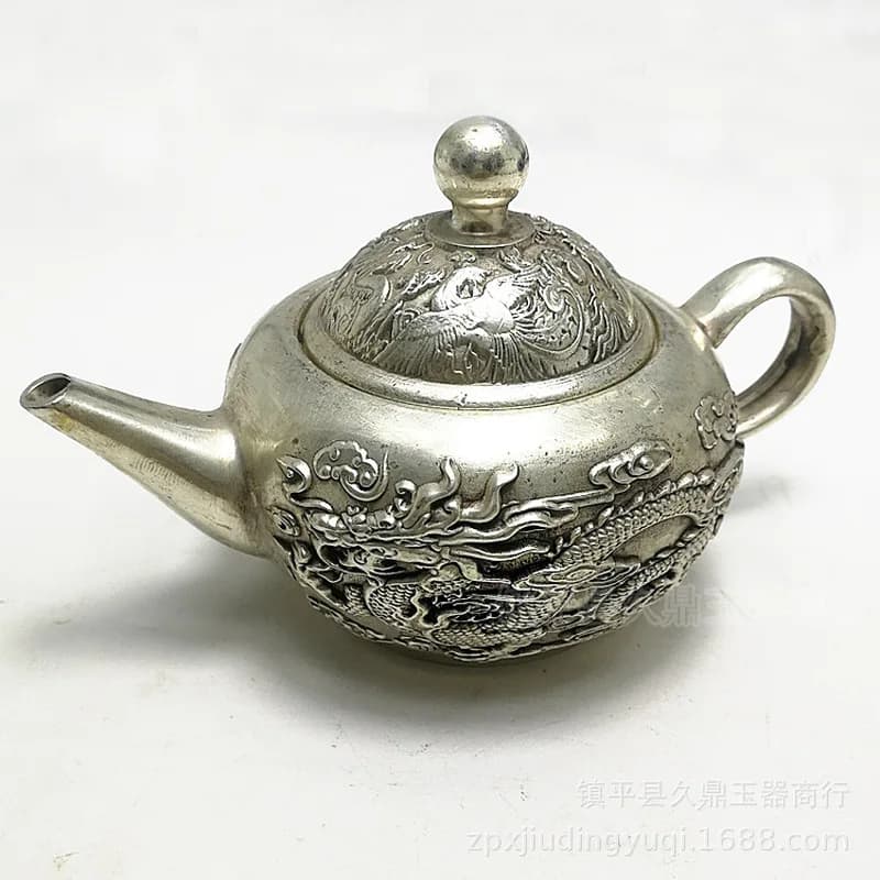 Antique Miscellaneous Items: Distressed Dragon Phoenix Teapot, Silver Decorative Pieces for Home and Office