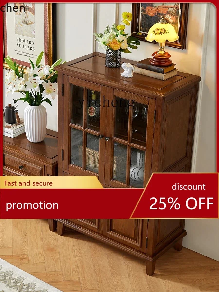 HT Solid Wood Wine Cabinet Wall Living Room Wine Cabinet Double Door High-End Entry Lux Side Cabinet Storage Rack