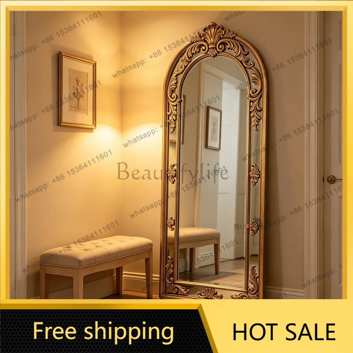 LS French luxury full-length mirror villa vaulted carved retro classical floor-to-ceiling bedroom fitting mirror