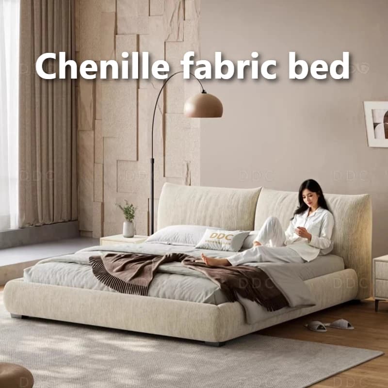Chenille Fabric Double Bed Bedroom Decor For Teen Girls Bed 2 People King Size Frame Bedside Table With Drawer Bedroom Furniture