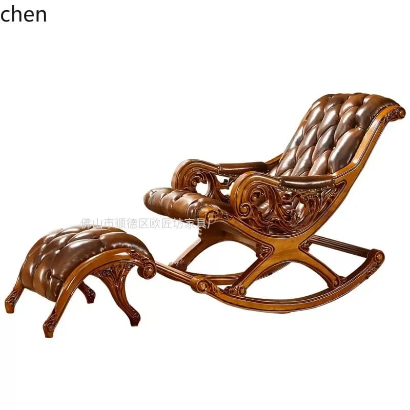 YZ-11 Solid Wood Carved Genuine Leather Rocking Chair Luxury Recliner Rocking Chair with Footrest