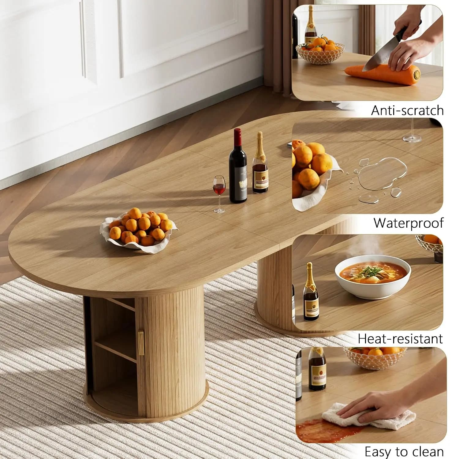 Extendable Dining Table Set for 10, 94" Oval Expandable Kitchen Table with 10 Beige Velvet Chairs, Cylindrical Storage Base
