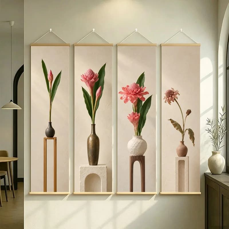 Ginger Flower Wall Art 4-Panel Pink Tropical Vase Scroll Set on Cream Silver Shimmer Canvas for Warm Dining Room Decor