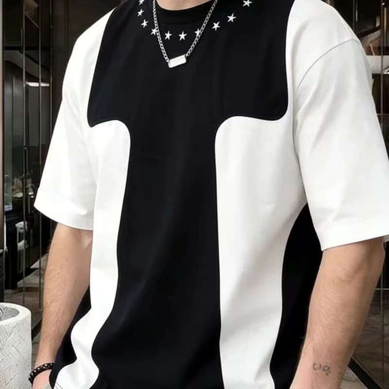 Luxury Men Black White Patchwork T-shirt Irregular Geometric Splicing O Neck Loose Short Sleeve Summer Basic Streetwear Top