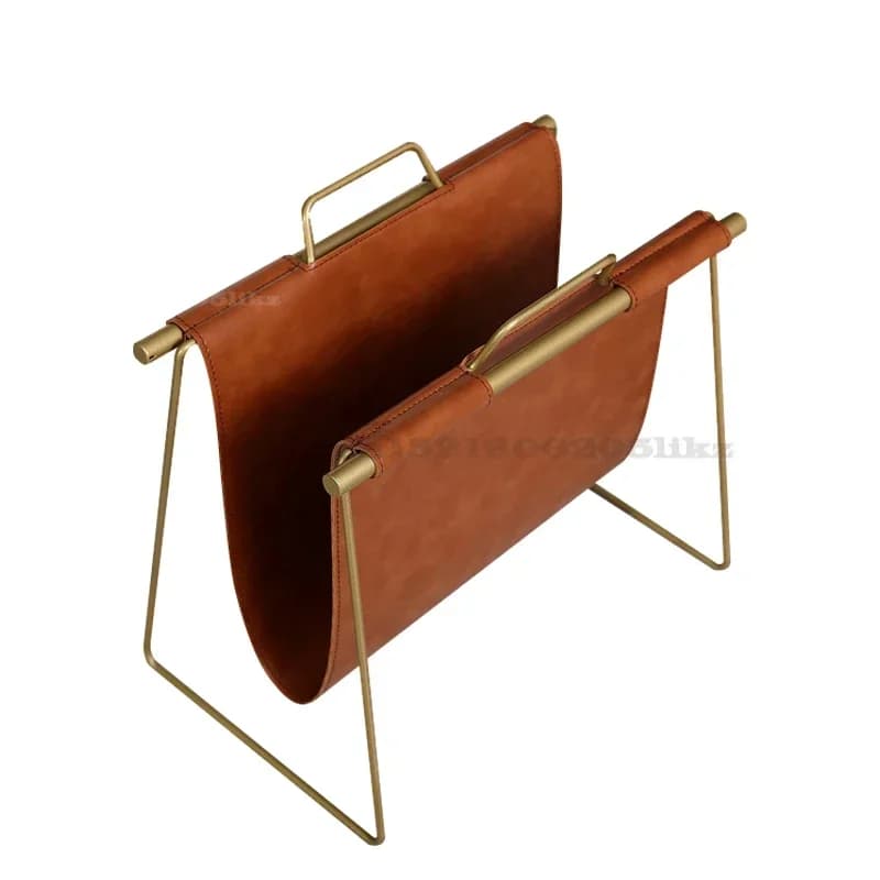 Golden Metal Magazine Rack, Double Layer, PU Leather Bookshelf, File Book Organizer, Nordic Holder, Elegant Office Storage