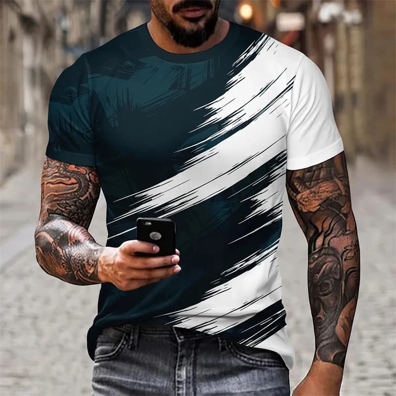 Men's Contrast Color 3D Print Short Sleeve T-shirt Summer Casual Loose Breathable Comfortable Tee Cool Trendy Street Man Clothes
