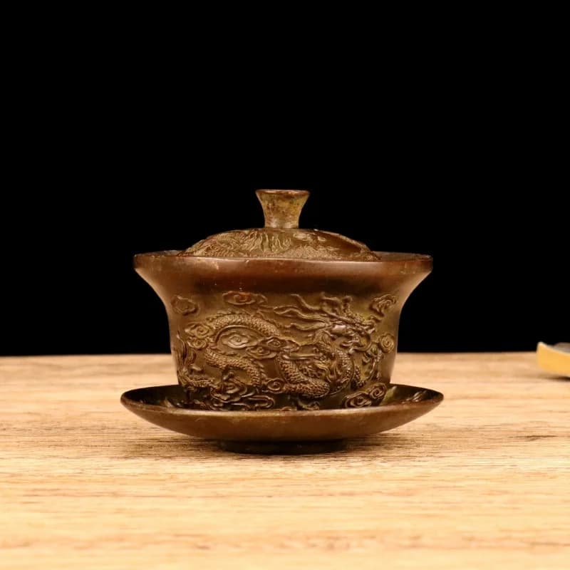 Antique Collectible Copper Dragon and Phoenix Cup Ornament, Alloy Tea Gaiwan Decorative Craft