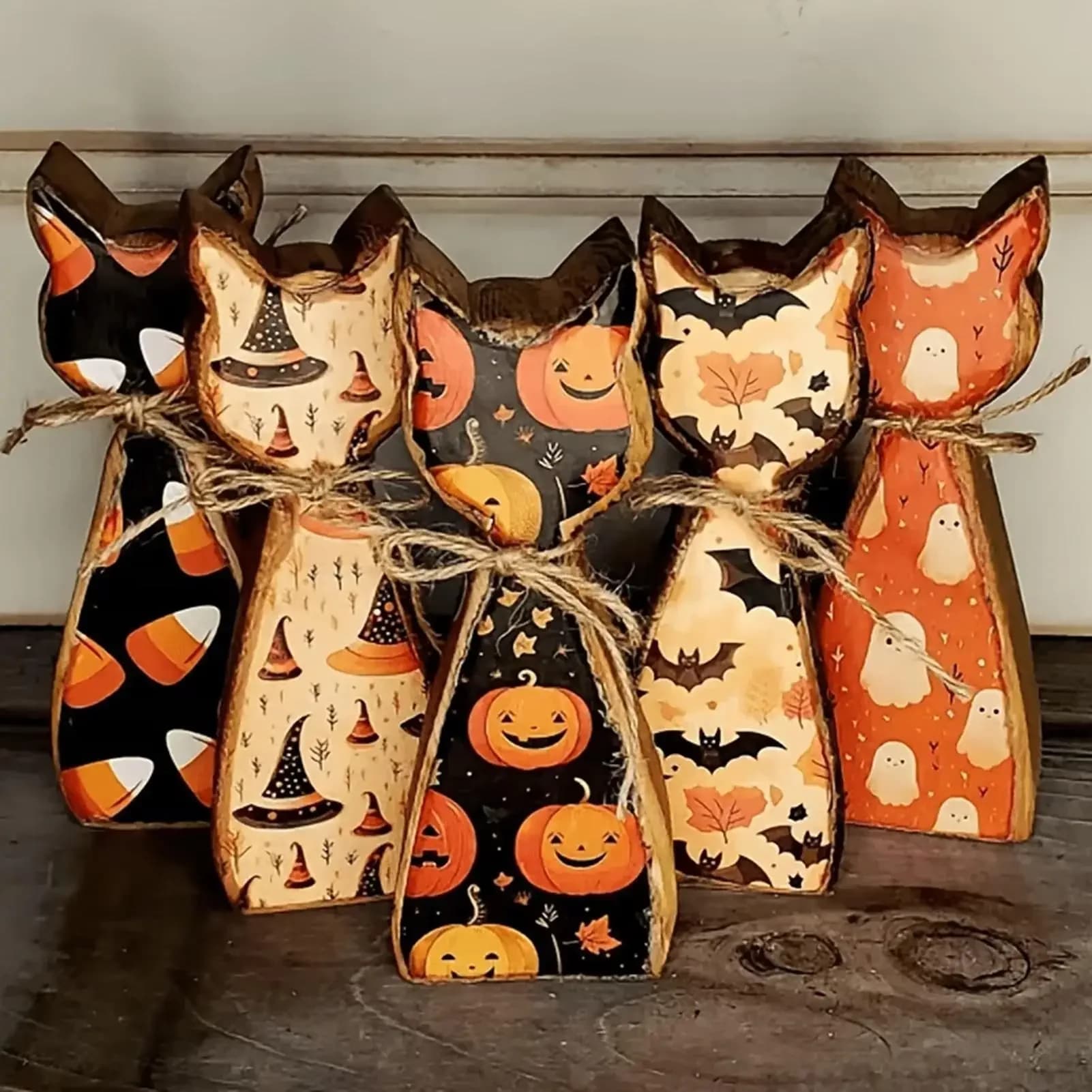 Wooden Halloween Cat Figurines 5 Pieces Double-Sided Self Standing Vintage Farmhouse Wood Cat Figurine Set Decorations For Home