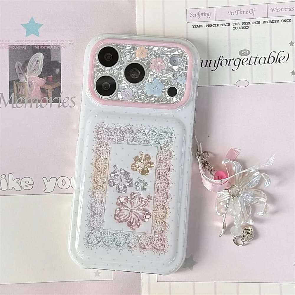 Vintage Lace Gradient Phone Case For iPhone 15 16 17 18 Pro Max 3D Flower Decor Pearl Lily Pendant Shockproof Cover For Women