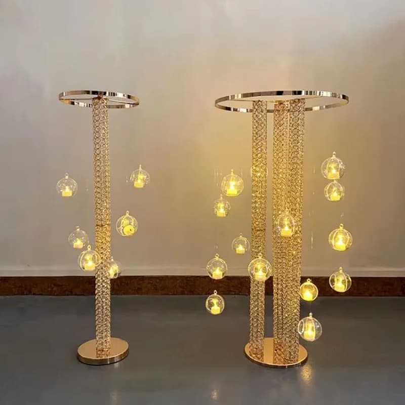 Metal Flower Stand with Hanging Ball Round Gold Wedding Table Centerpiece Suitable for Wedding Party Birthday Decoration