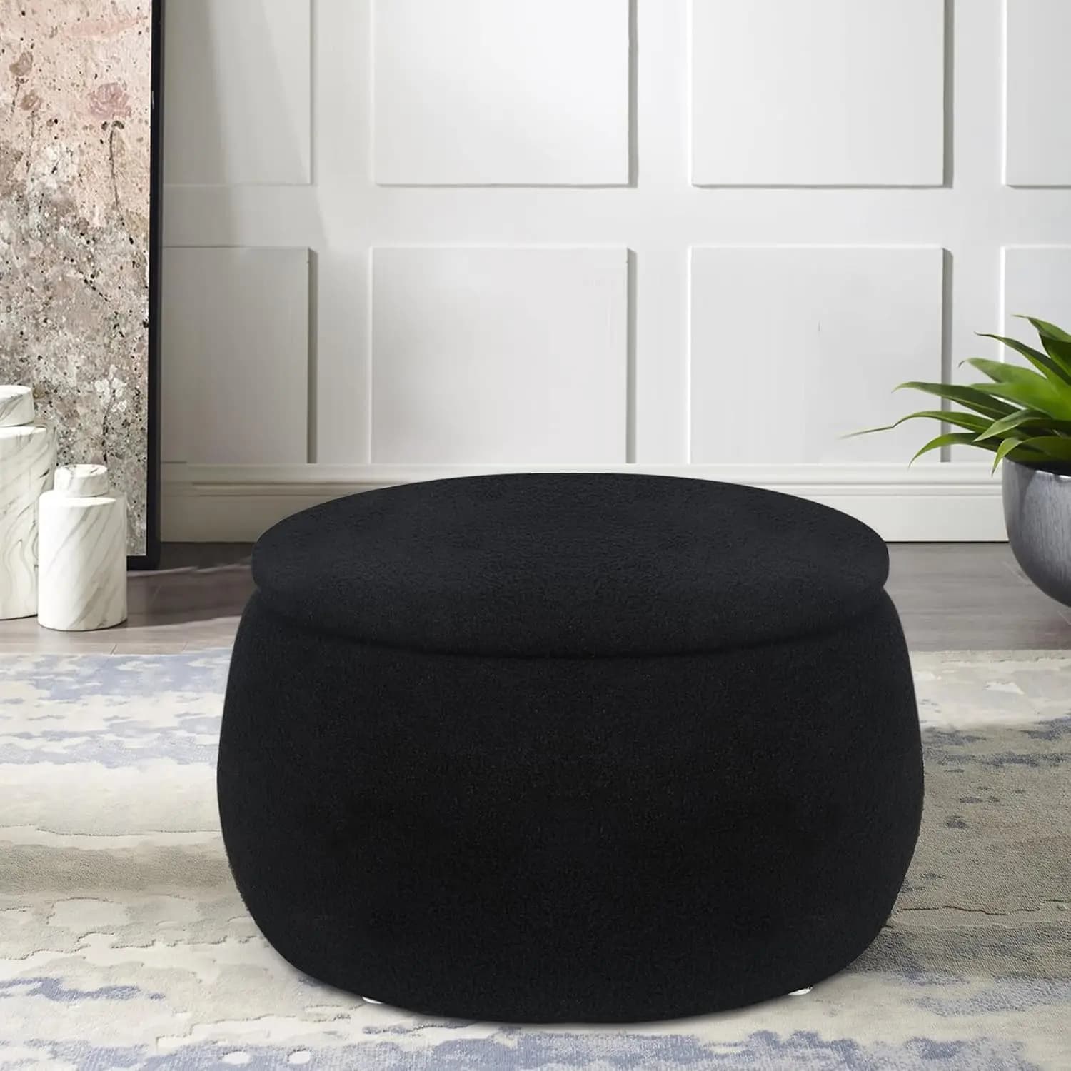 Round Storage Ottoman, Teddy Velvet Footstool with Lid, Black