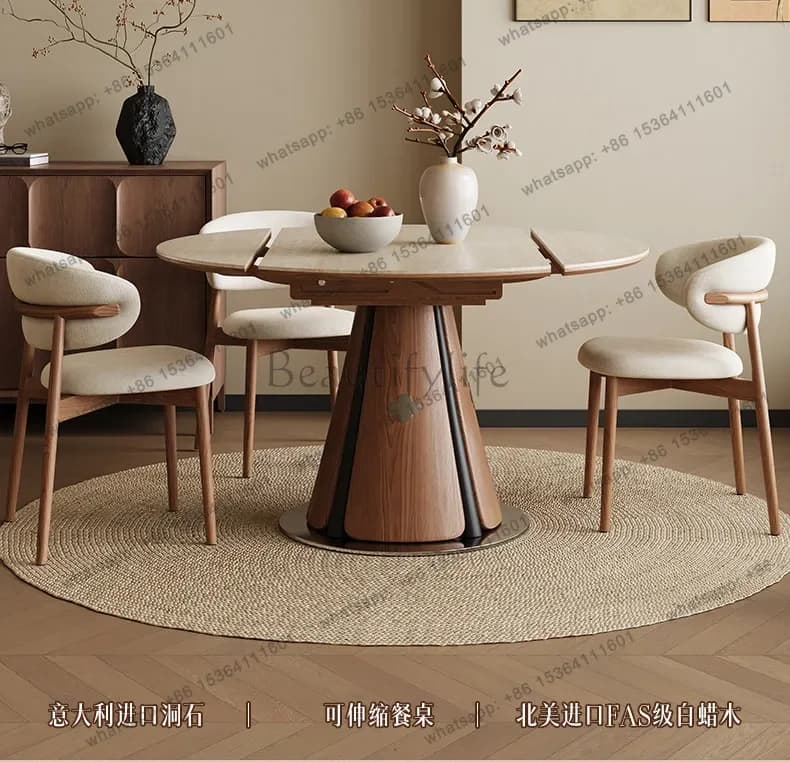 12Travertine rock slab retractable dining table round mid-ancient style square and round dual-purpose dining table