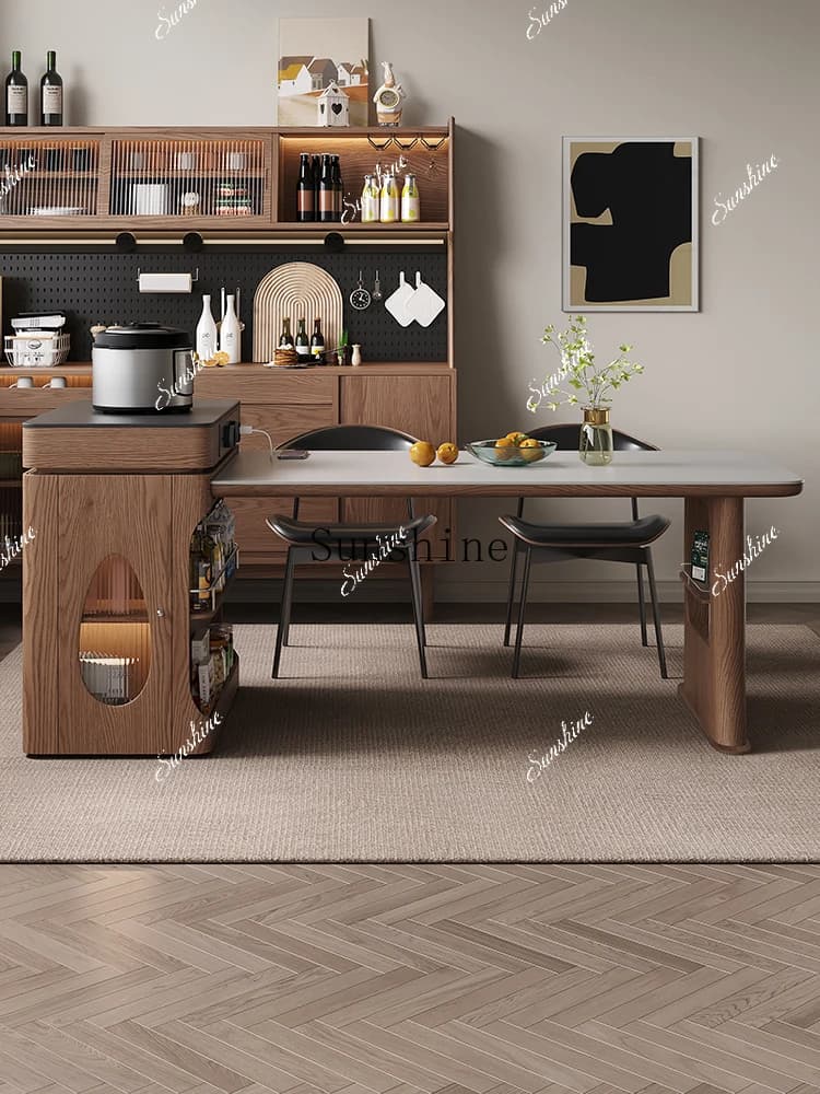 Solid wood island dining table integrated retractable small apartment household simple, new Chinese rock slab, combinationP