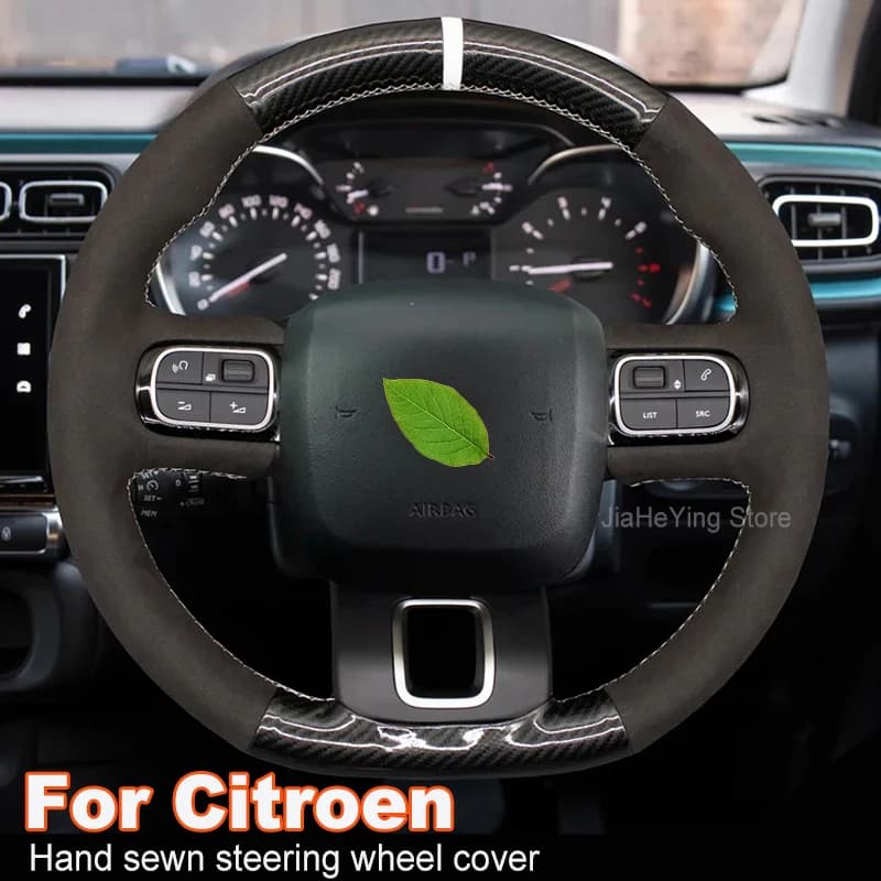 Hand-stitched Black Leather Suede Car Steering Wheel Cover For Citroen C3 Aircross 2016-2022 C5 Auto Accessories