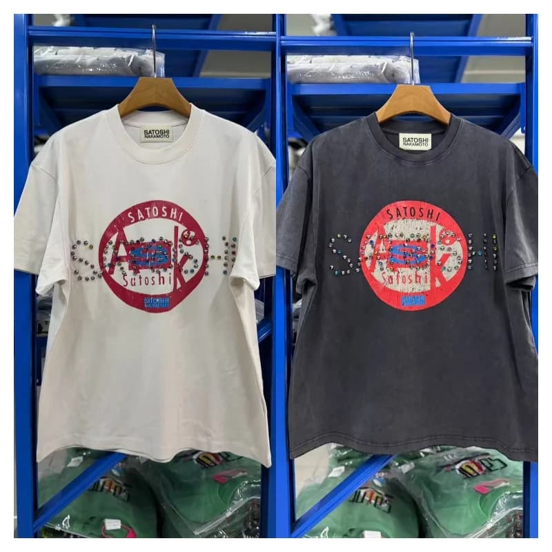 Satoshi Nakamoto White Black Multicolored Beads Letter Crack Print Loose-Fit Washed Vintage Short-Sleeve T-Shirt Summer
